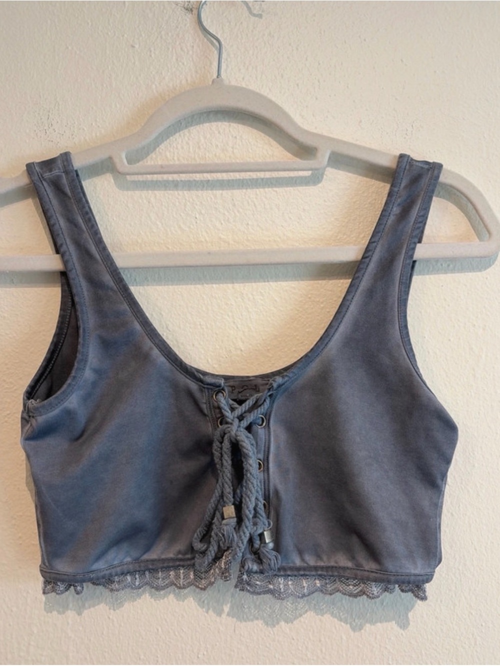 POL Cropped Blue Lace Up Tie Tank Top w/Lace Trim.